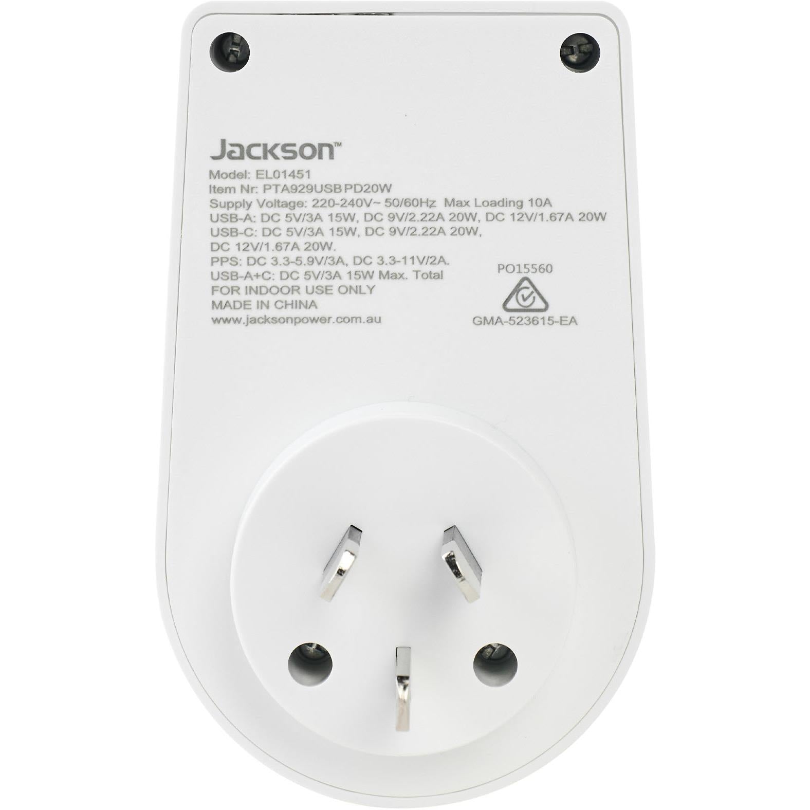 Jackson MOVE Rapid Charge PD20W USB-C/A Inbound Travel Adaptor (USA & EU)