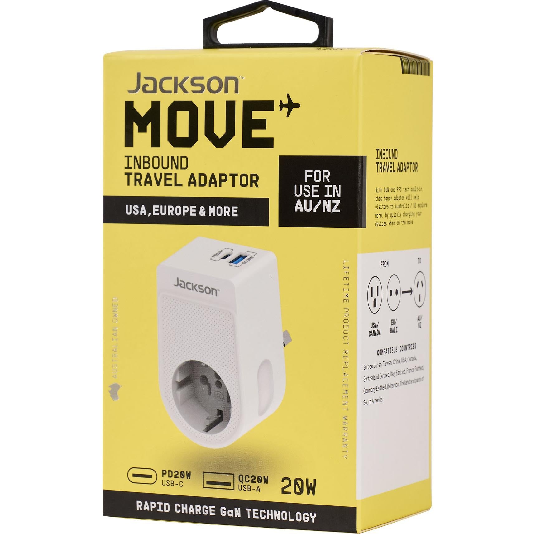 Jackson MOVE Rapid Charge PD20W USB-C/A Inbound Travel Adaptor (USA & EU)