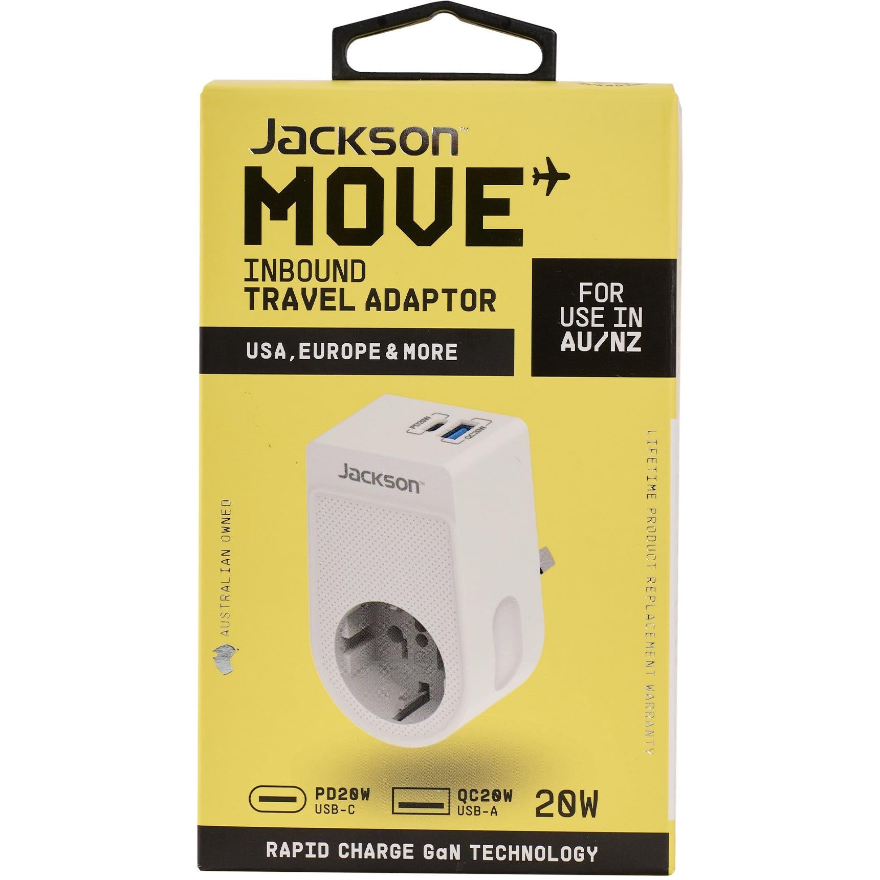 Jackson MOVE Rapid Charge PD20W USB-C/A Inbound Travel Adaptor (USA & EU)