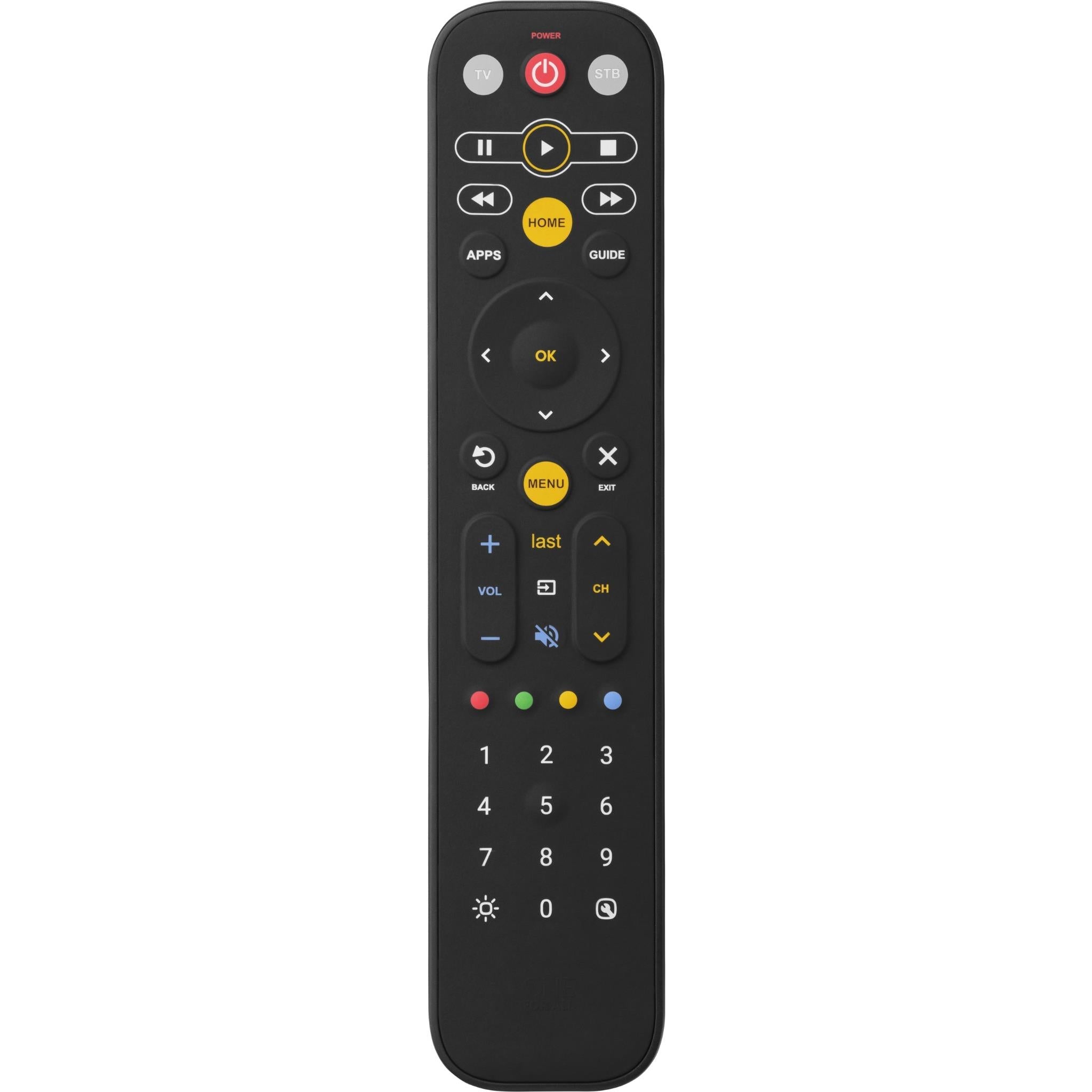 Black universal TV remote with colored button layout and circular navigation pad.