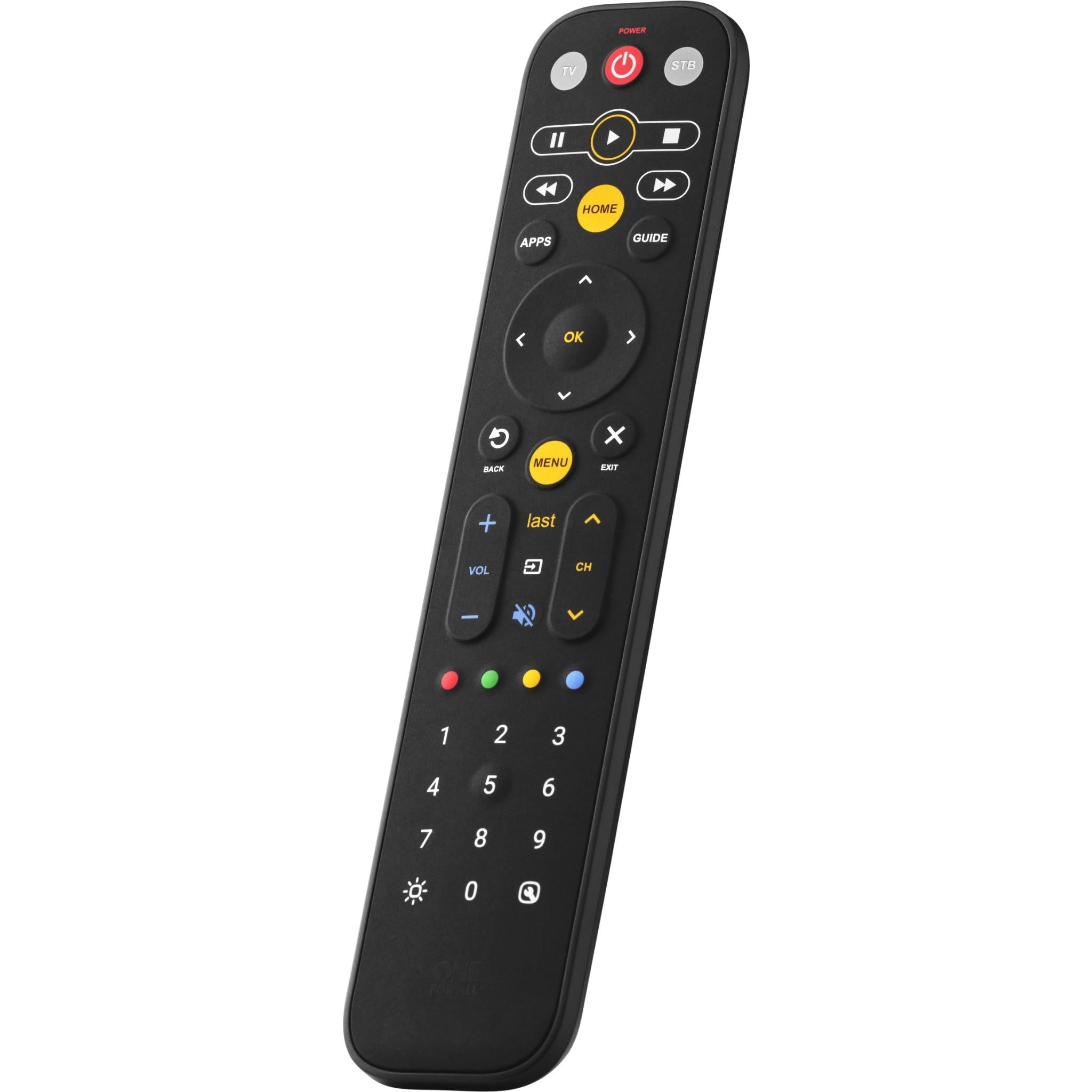 Universal TV remote with backlit-style controls, circular OK pad, and number keypad.