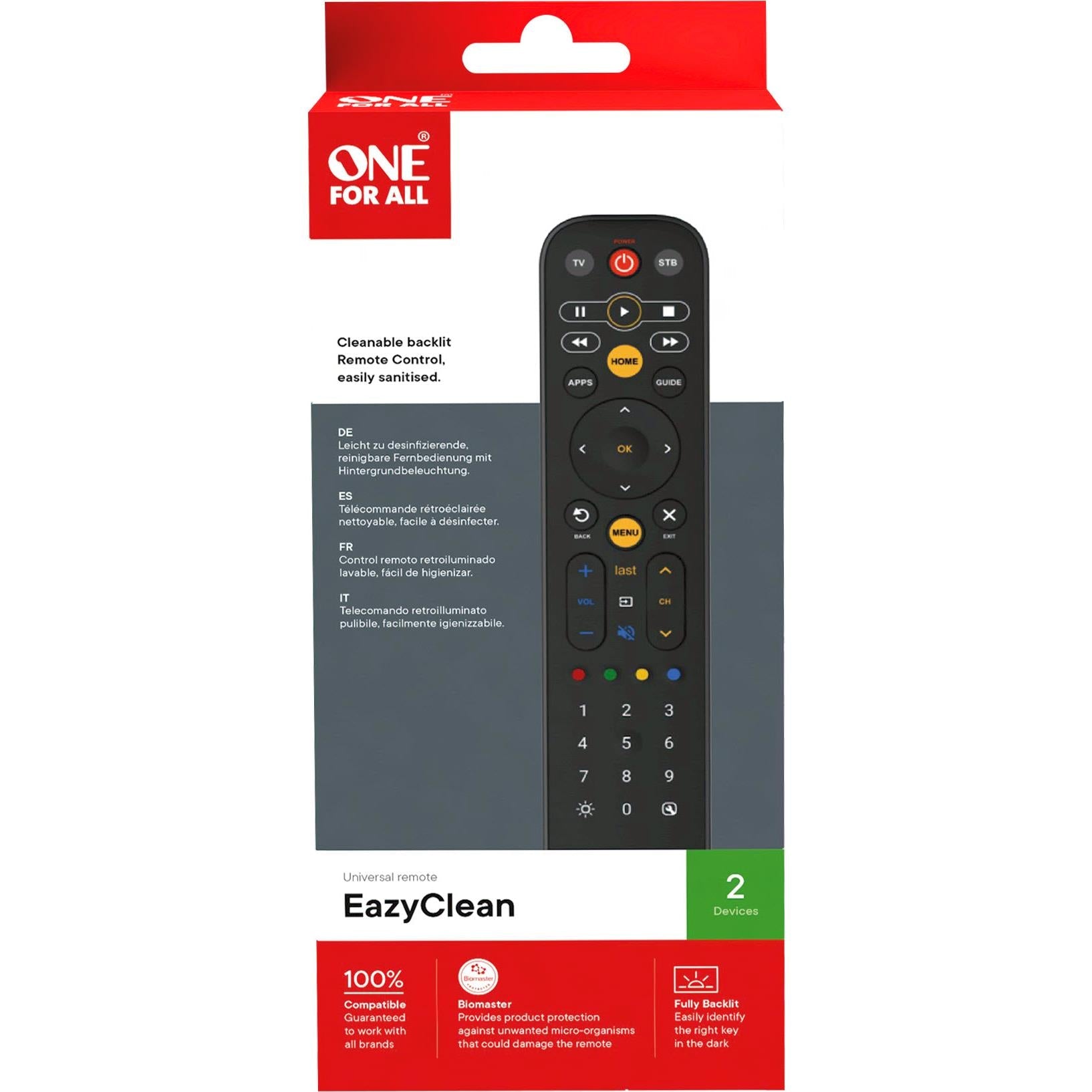 One For All EazyClean universal TV remote in box, black with backlit buttons