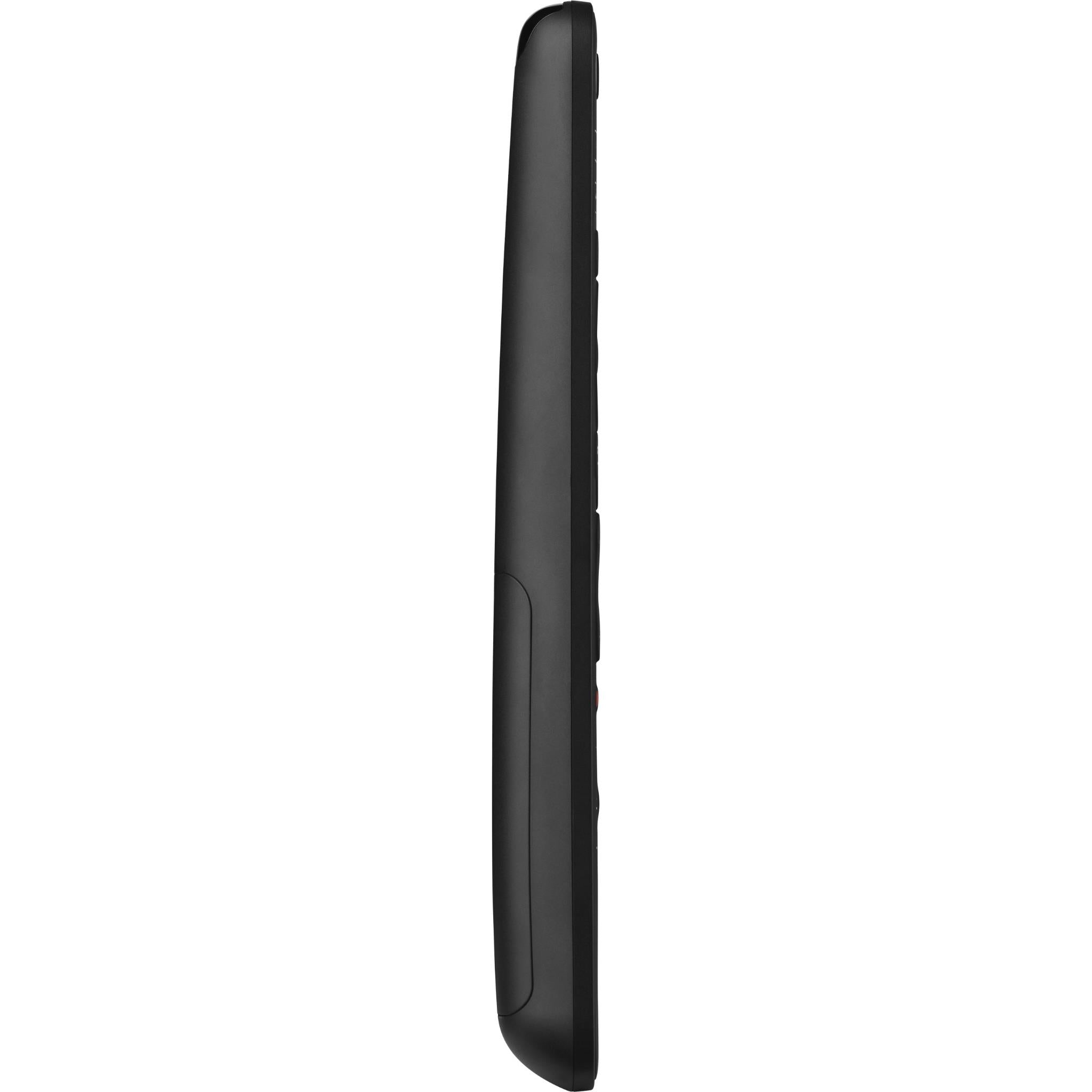 Black universal TV remote side profile with slim body and buttons along the edge.
