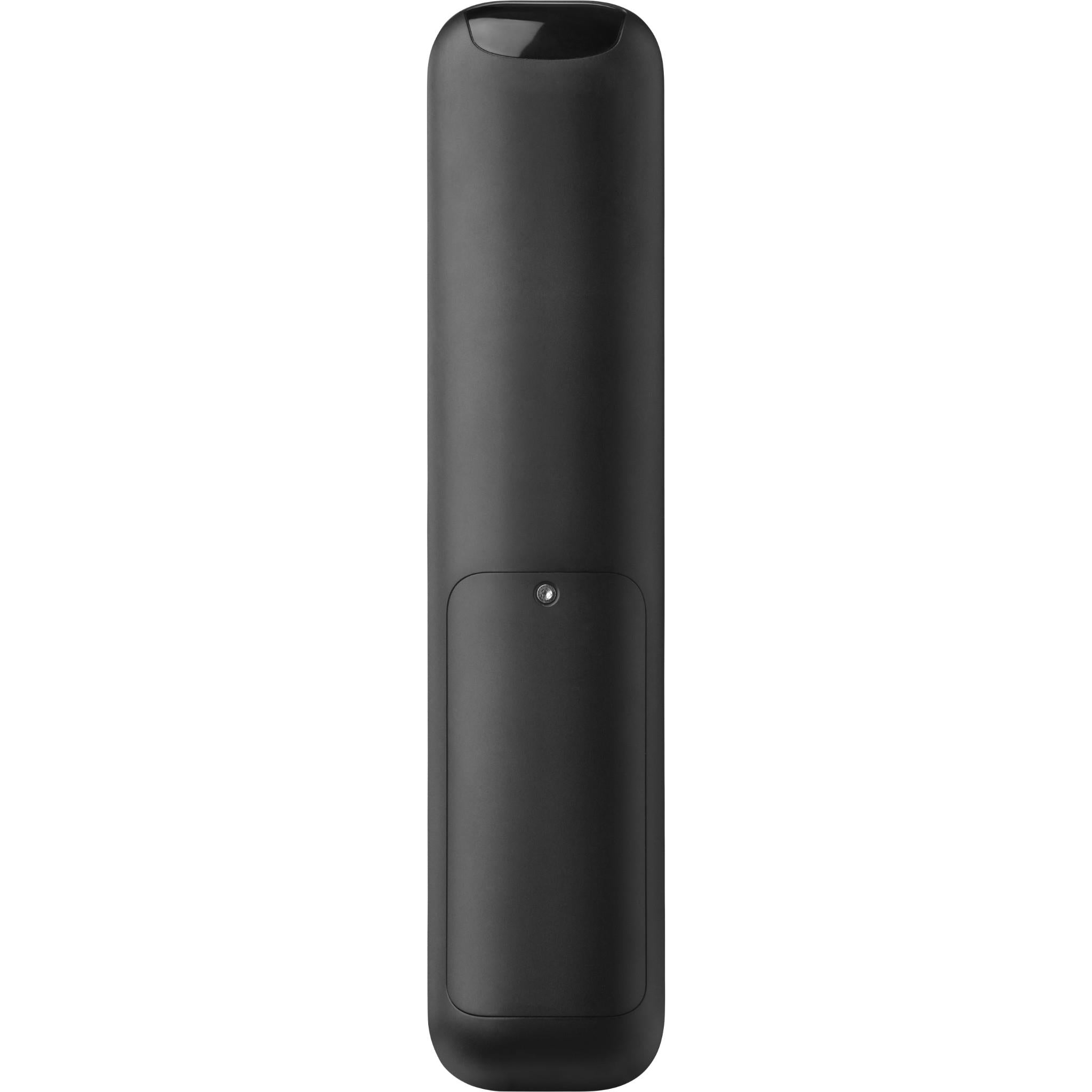 Black universal TV remote back view with small indicator window and curved design.
