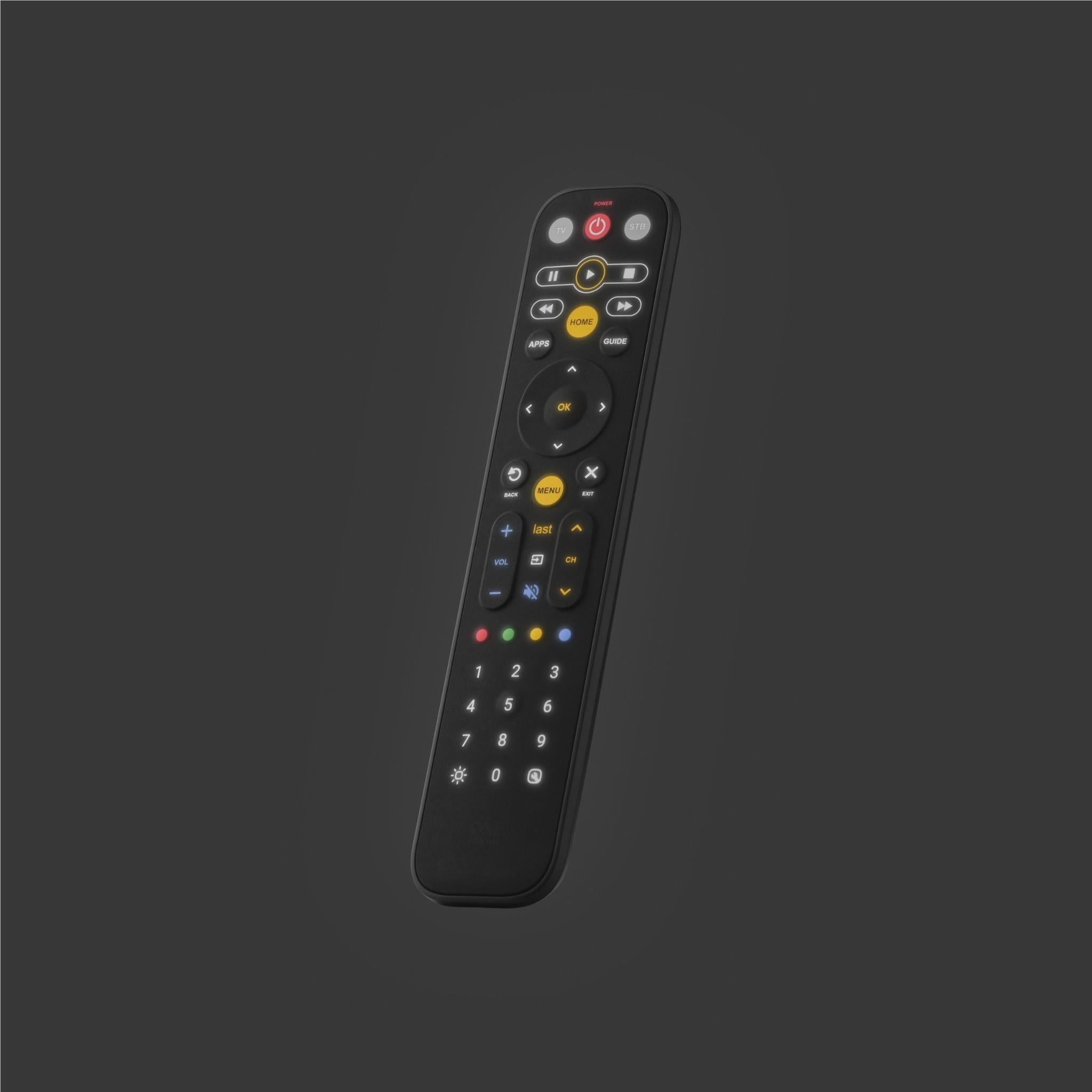 Universal TV remote front with power button, directional arrows, and multicolor app controls.