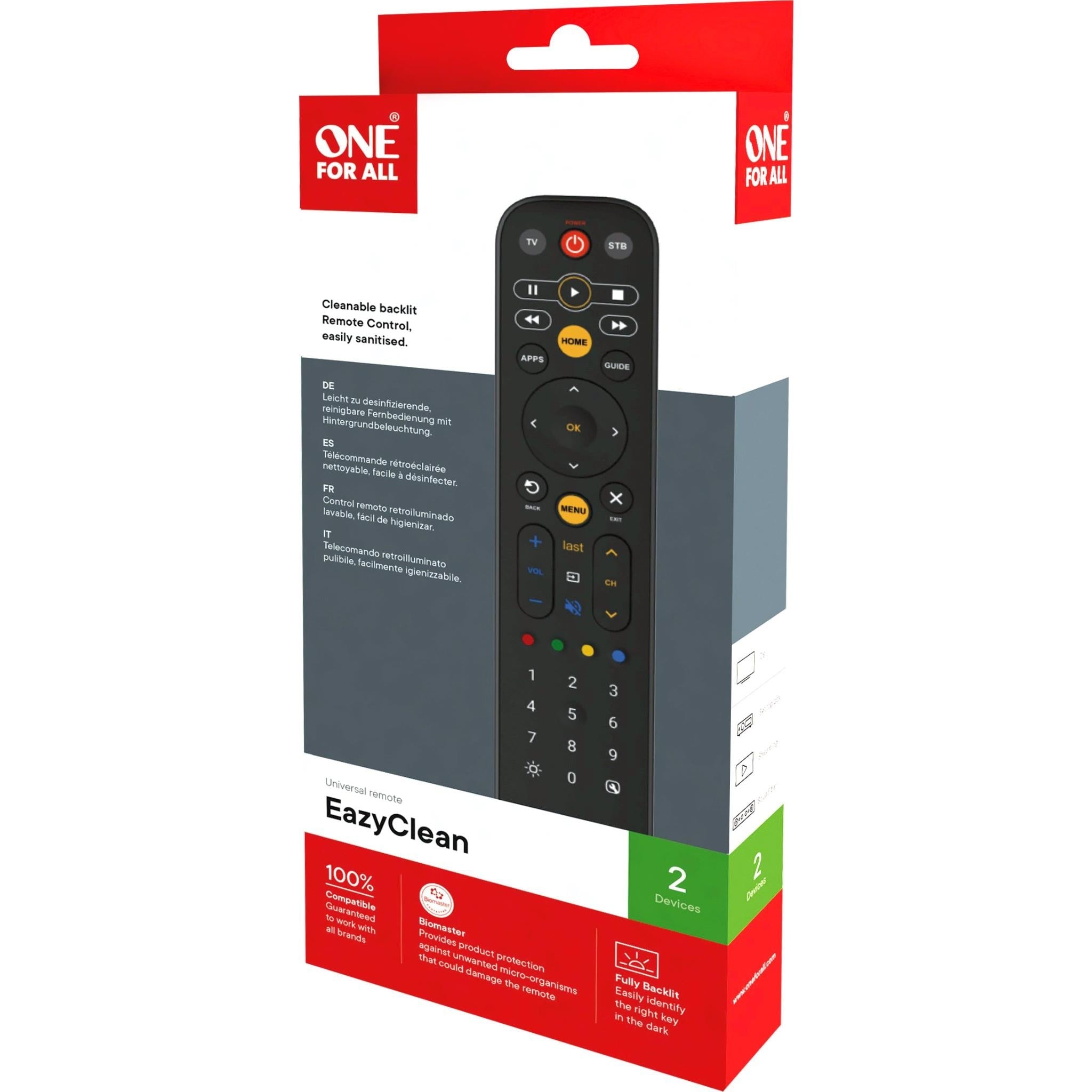 Retail box for One For All EazyClean universal TV remote, showing front remote photo.