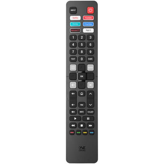 Black TV replacement remote control with backlit button layout and power key