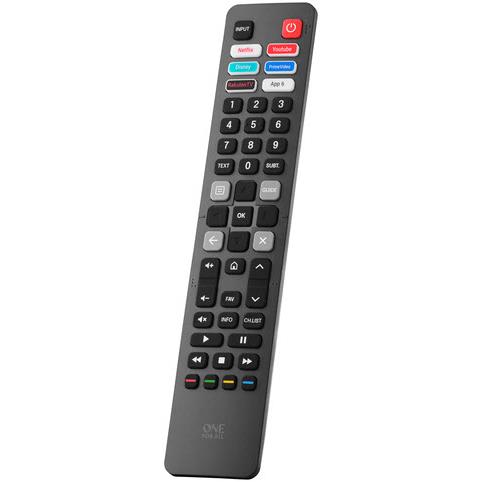 Black TV remote control angled view with numeric keypad, OK, and navigation buttons