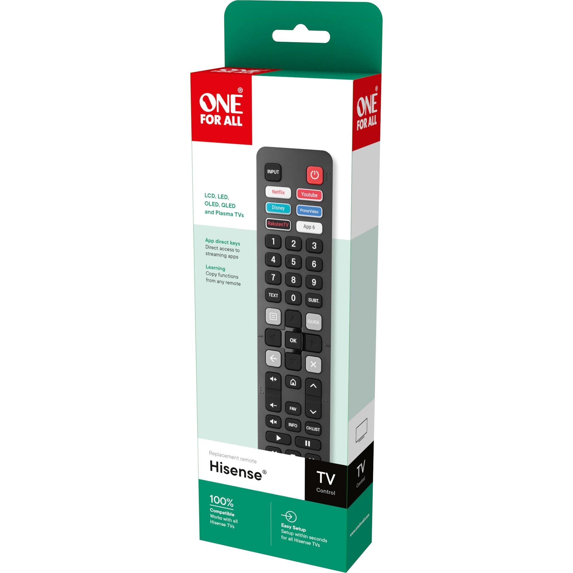 TV remote control replacement package with One For All and Hisense branding