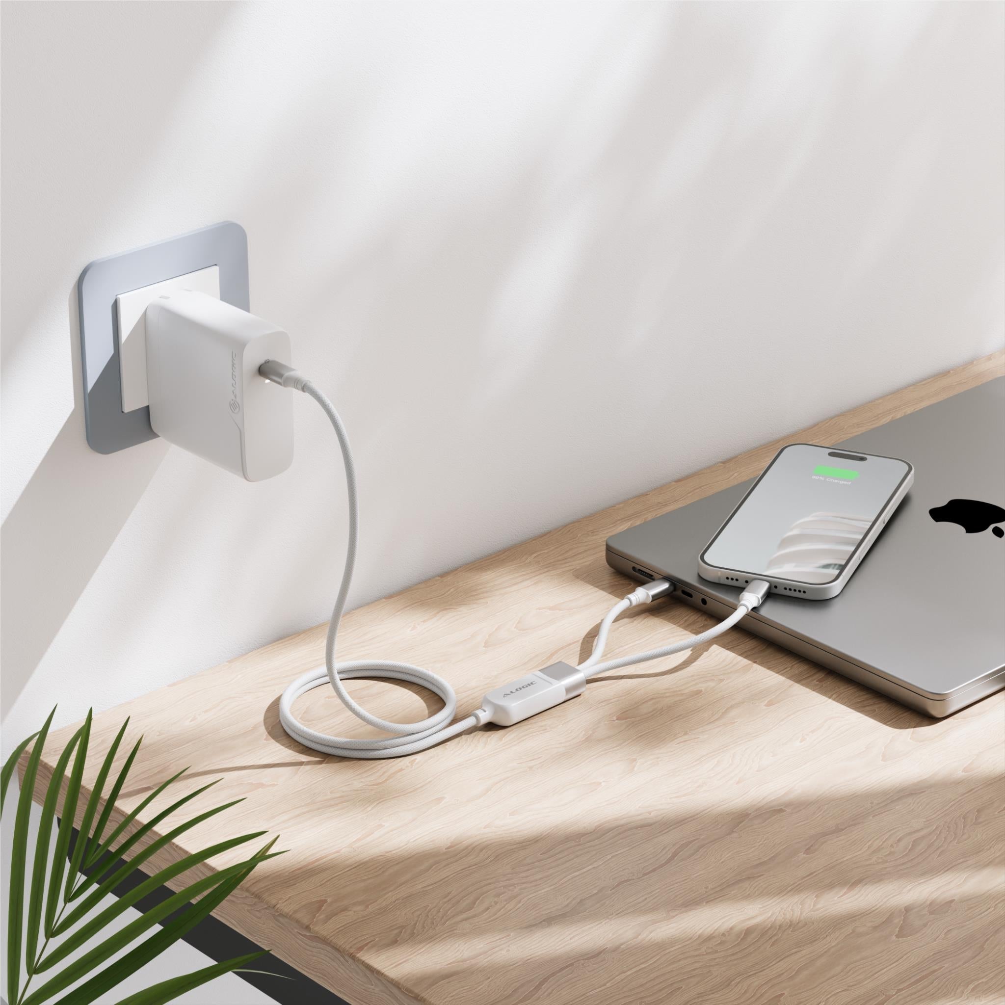 ALOGIC Split 100W USB-C to dual USB-C braided charging cable in white, image 5 - USB Cables & Adapters at Tech Supply Shed NZ