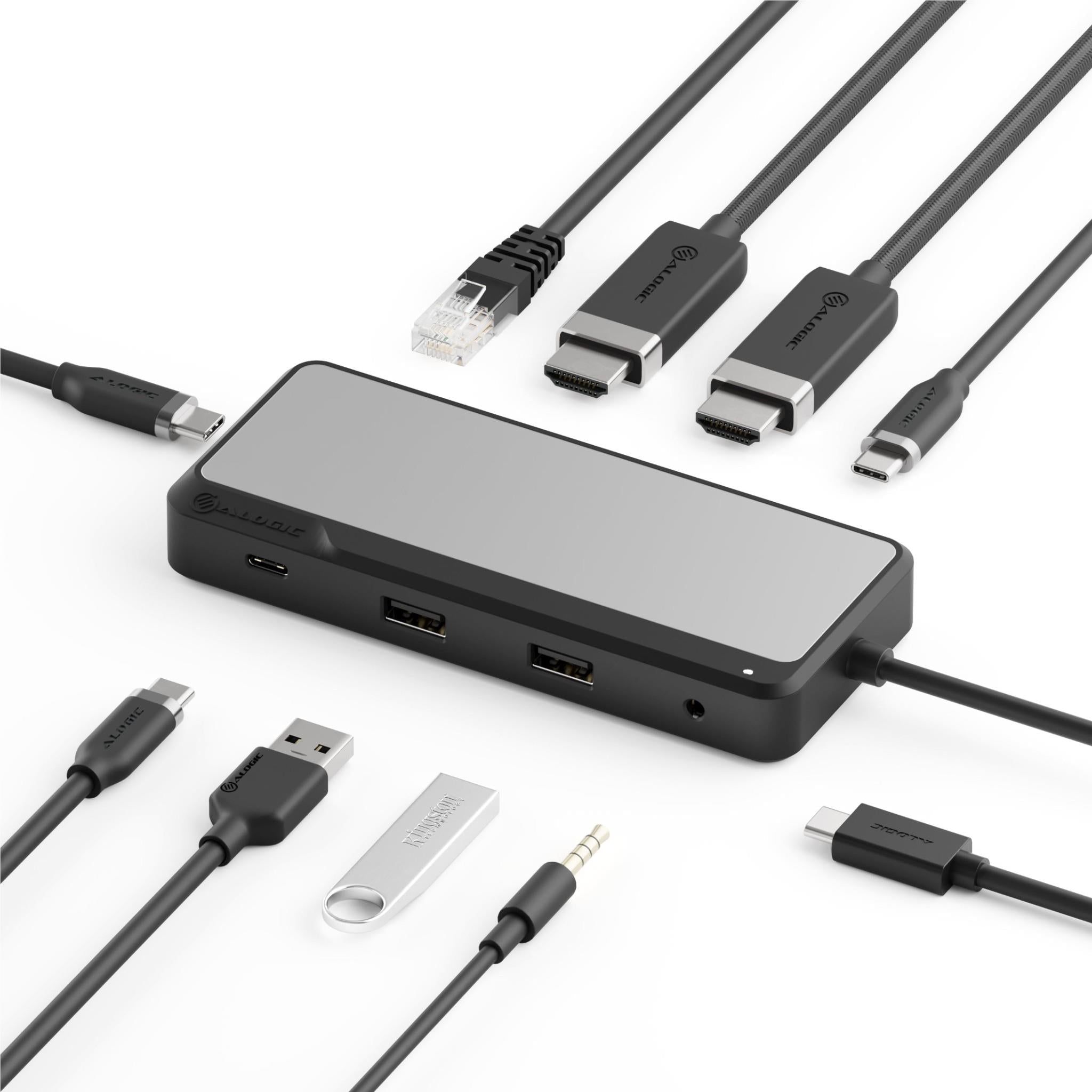 USB-C dual HDMI docking station with several connected adapters and video/USB ports