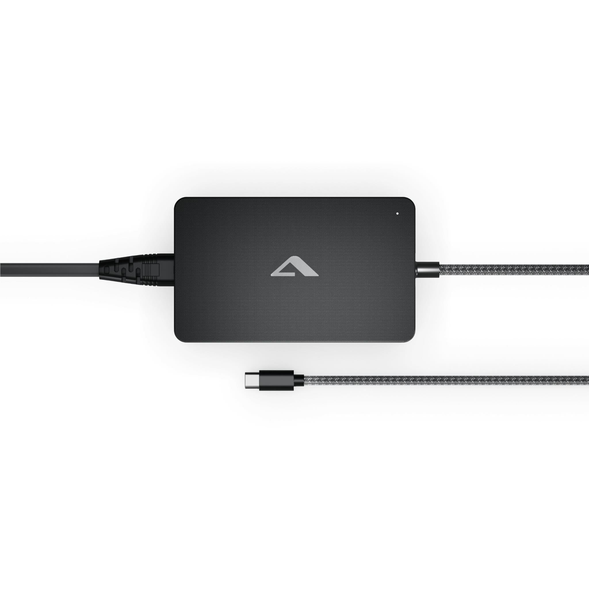 GaN inline USB-C charger with fixed braided cable, black compact power brick