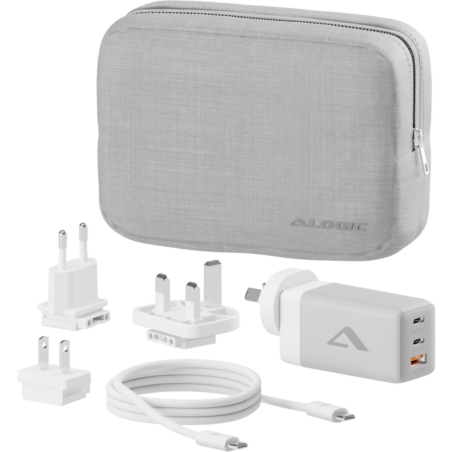 Travel power charger kit with gray zip case, cable, and plug adapters