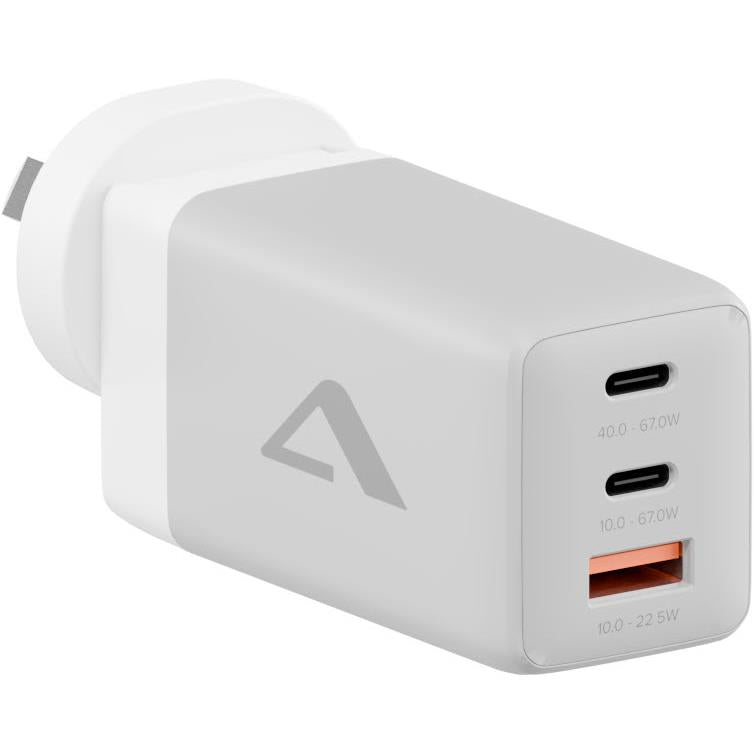 White GaN wall charger with two USB-A ports and orange power indicators