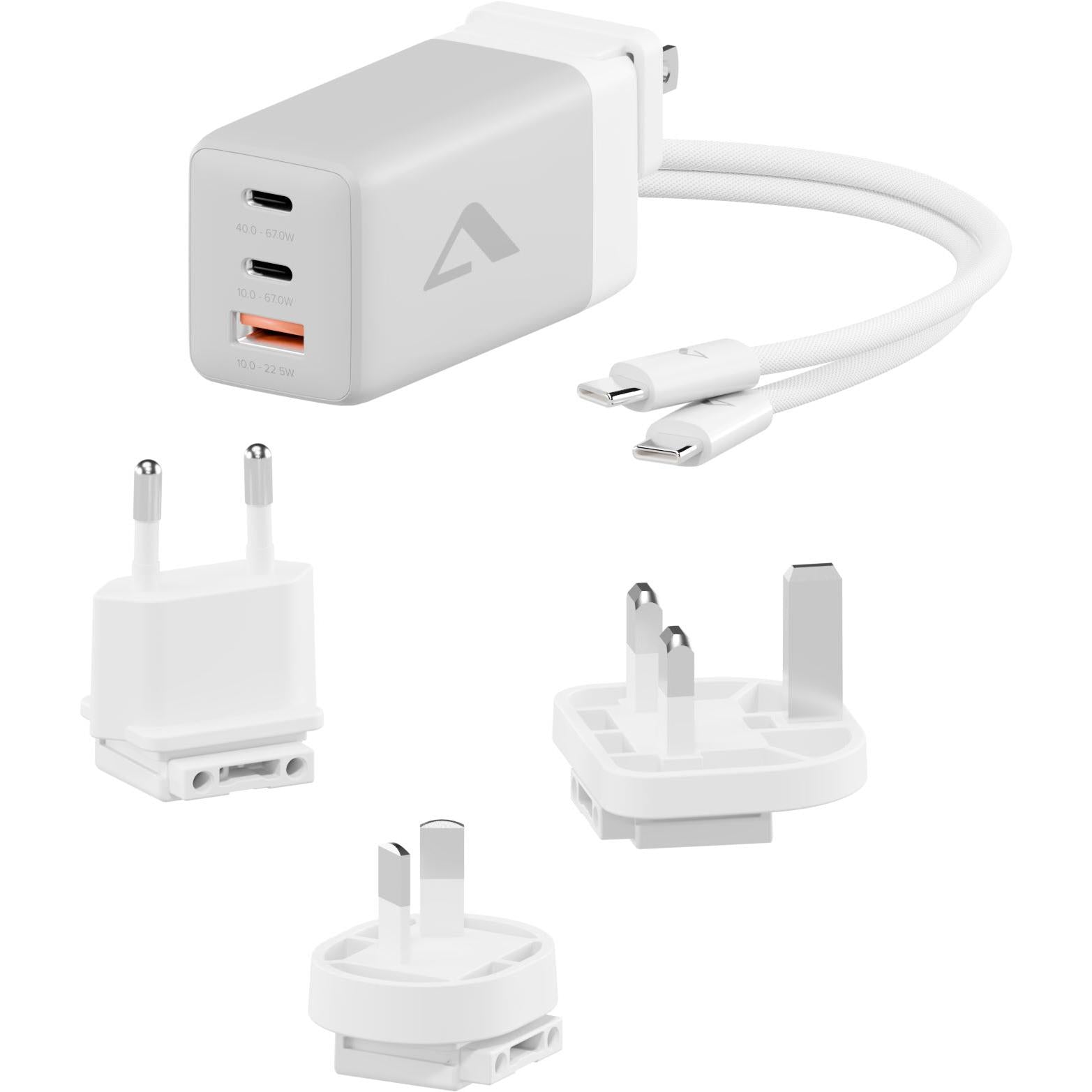 Multiport travel charger with cable and four interchangeable plug heads