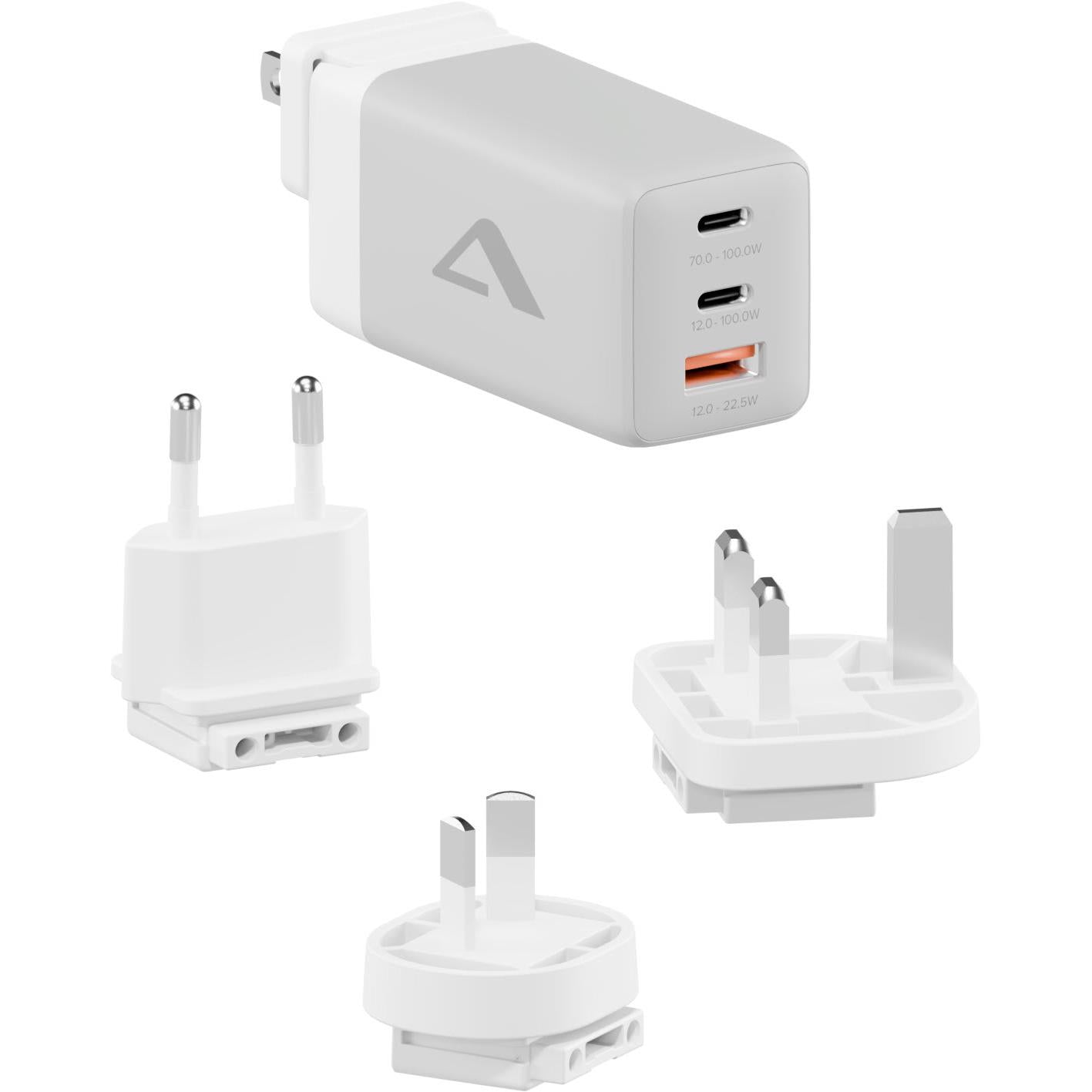 White travel power charger with two USB-A ports and exchangeable plug heads