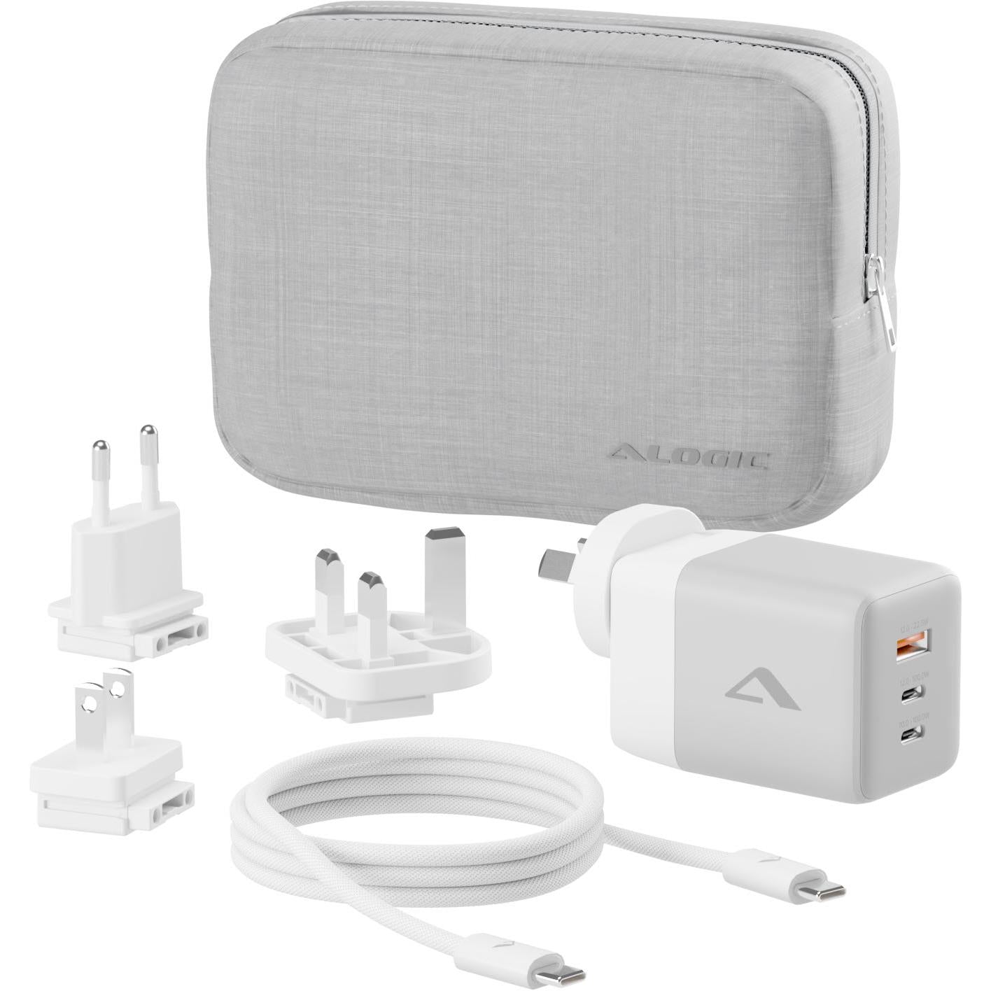 Travel charger kit with fabric case, white GaN charger, and charging cables