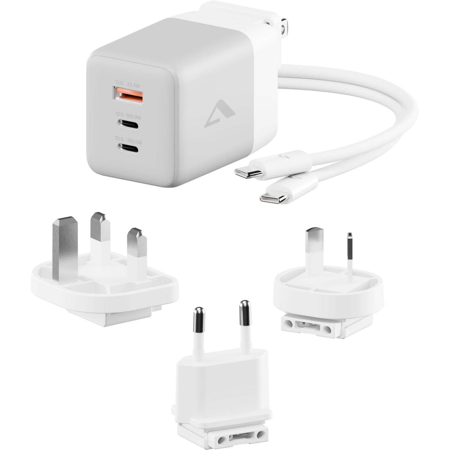 White multi-port GaN travel charger with attached cable and plug adapters