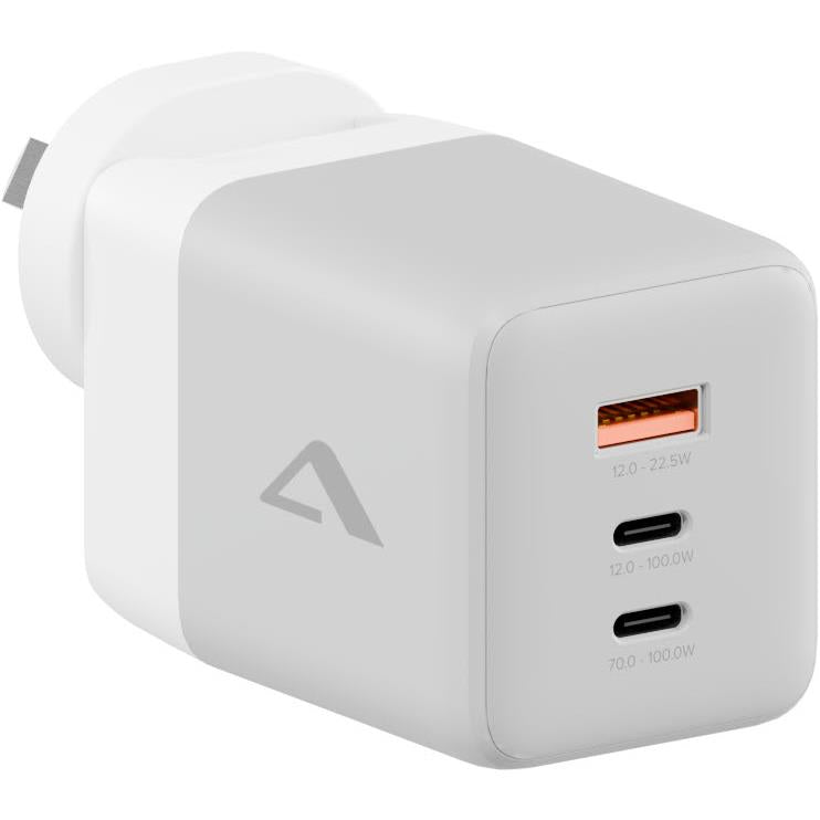 White GaN travel charger with dual USB ports and port labels