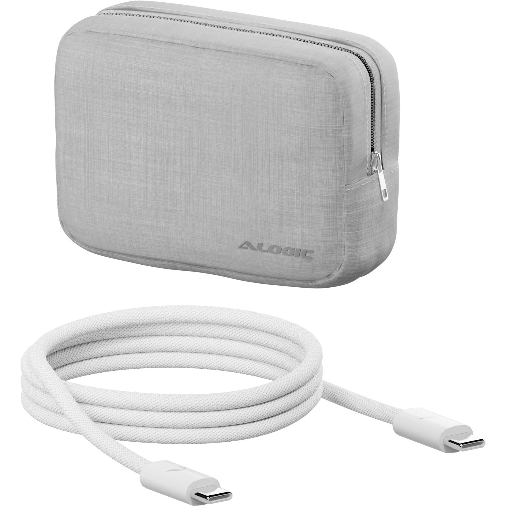 Gray fabric zip case with white USB-C cable and connector ends