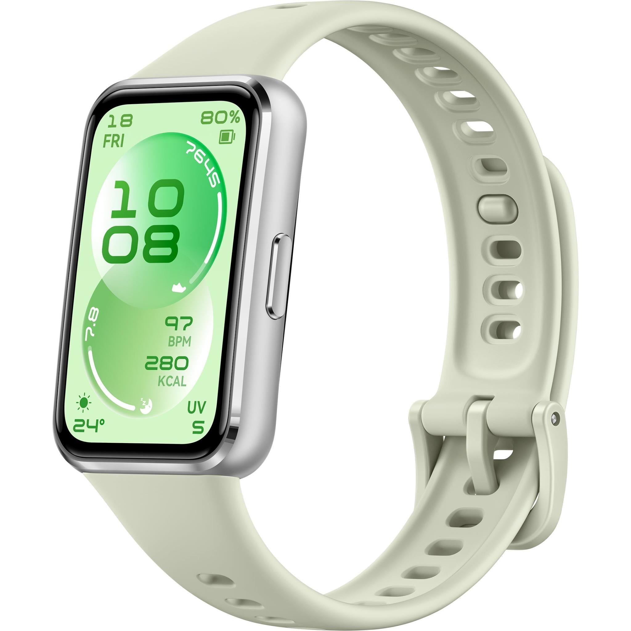 Green AMOLED fitness tracker watch with light-gray silicone band, front view