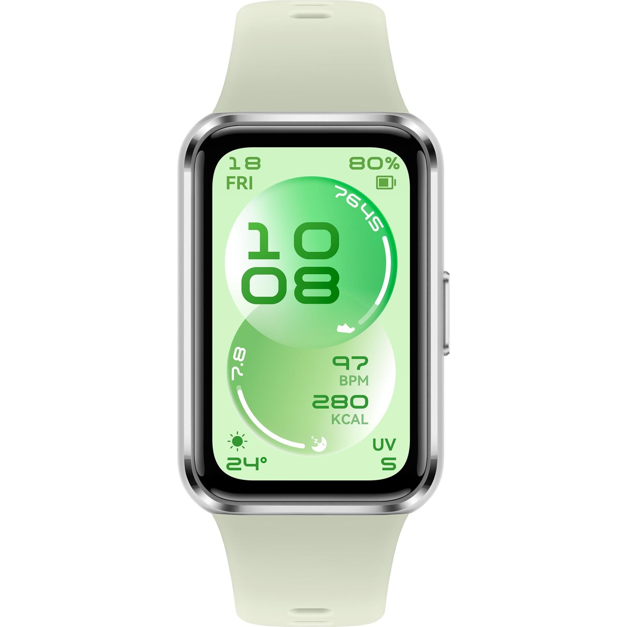 Green AMOLED fitness tracker smartwatch with light-gray silicone strap, front view