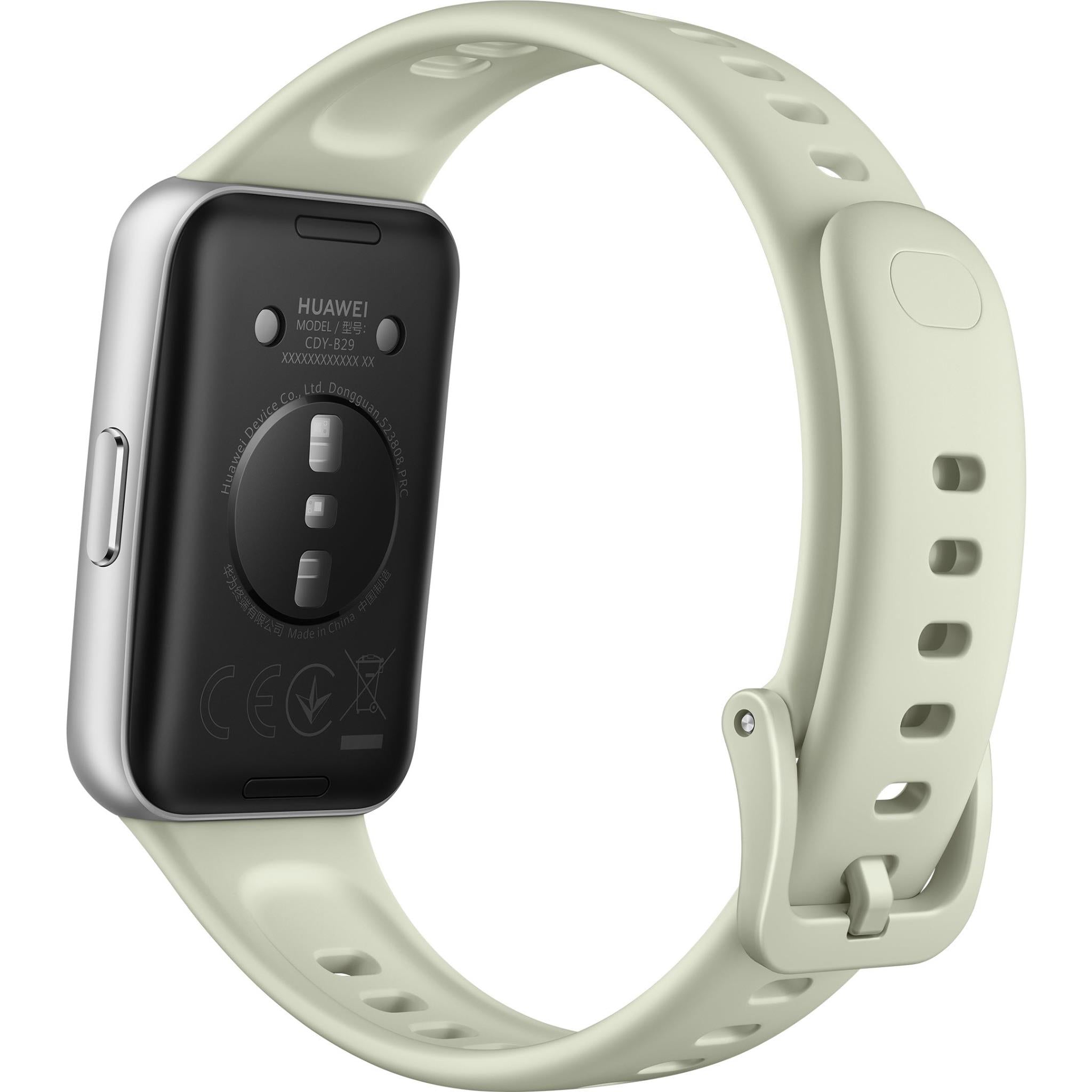 Green AMOLED fitness tracker smartwatch with aluminum case and light-gray strap, rear view