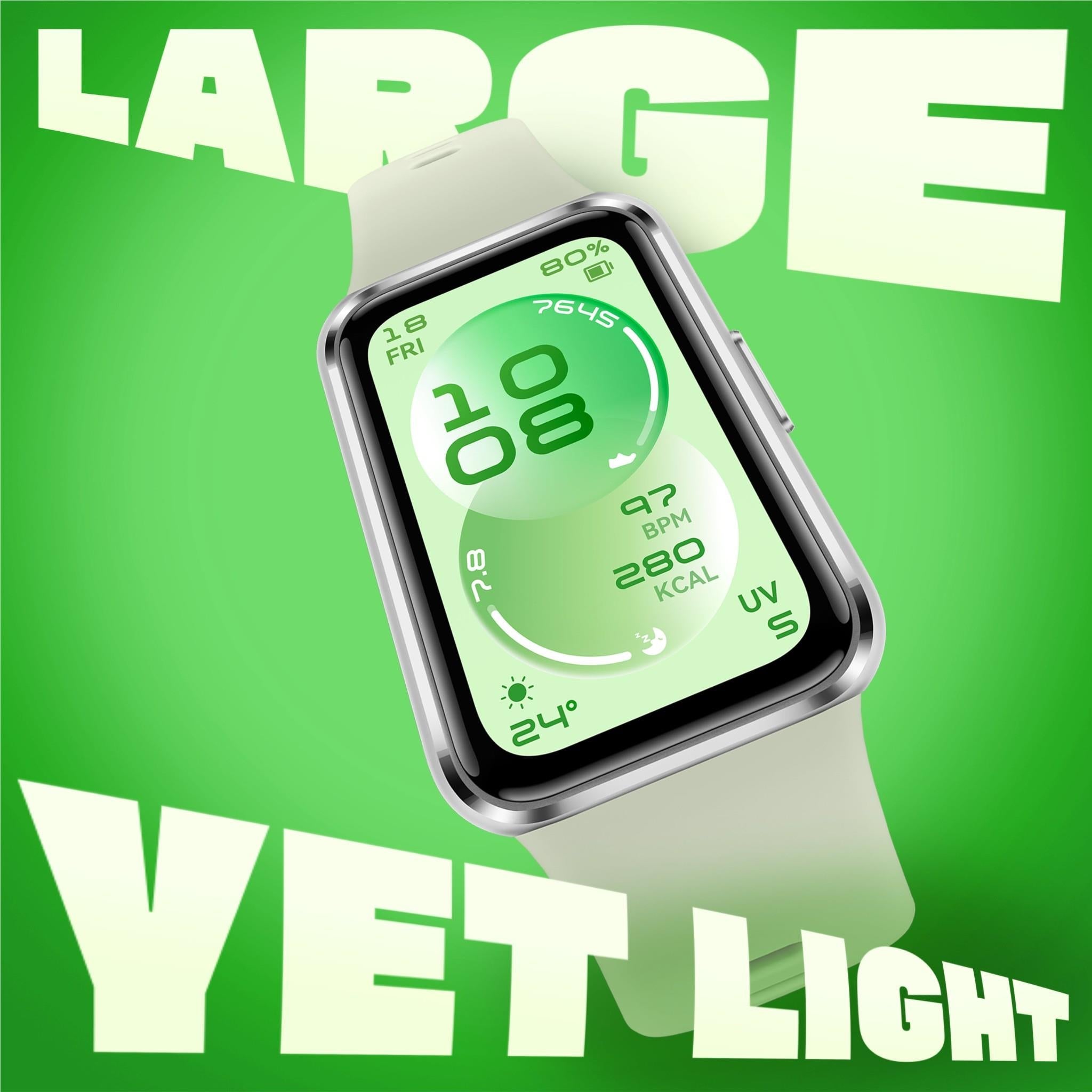 Green AMOLED fitness tracker watch with light-gray silicone band, angled front view