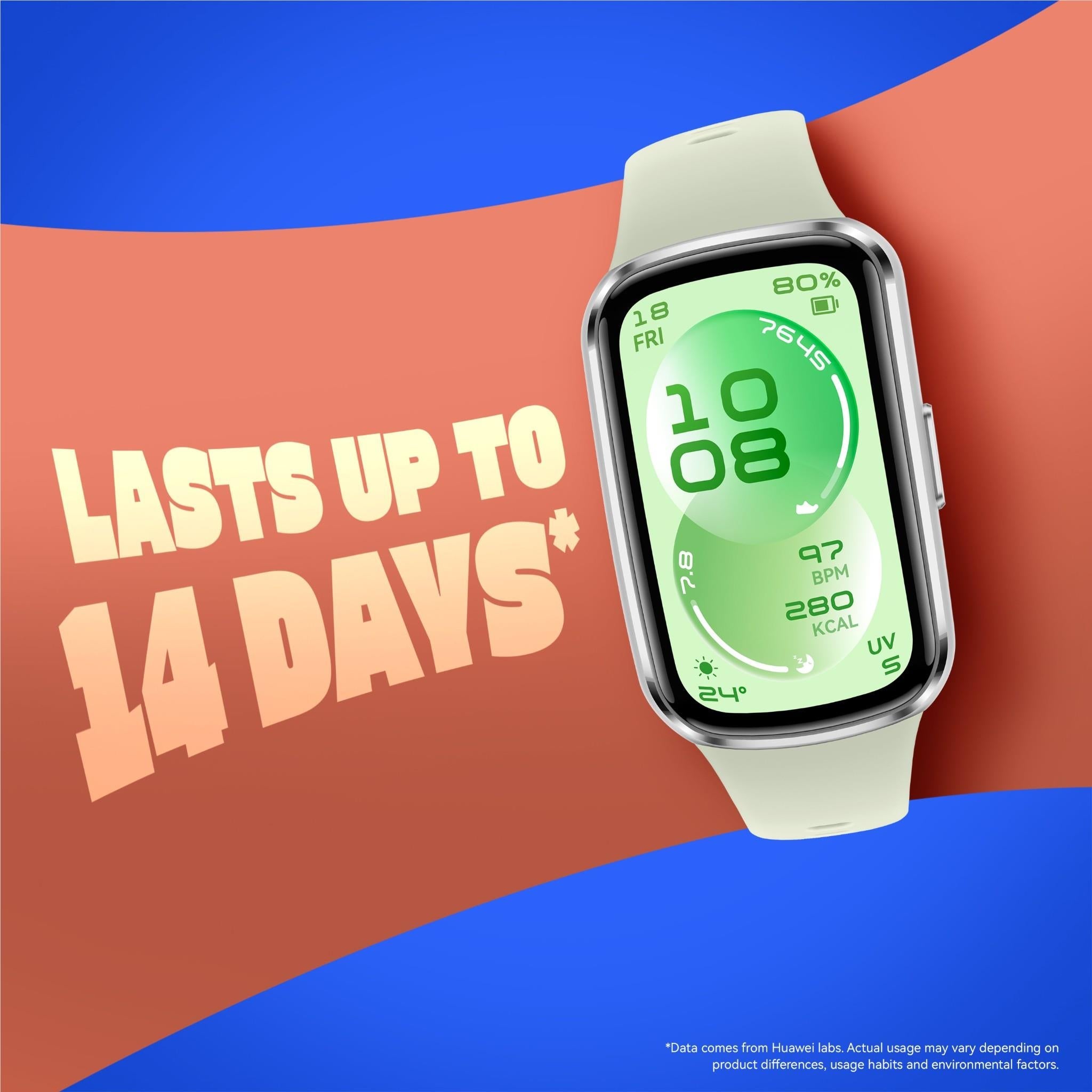 Green AMOLED fitness tracker smartwatch with light-gray silicone strap, tilted front view