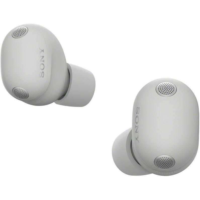 Sony in-ear noise cancelling earbuds in platinum silver, with speaker grilles