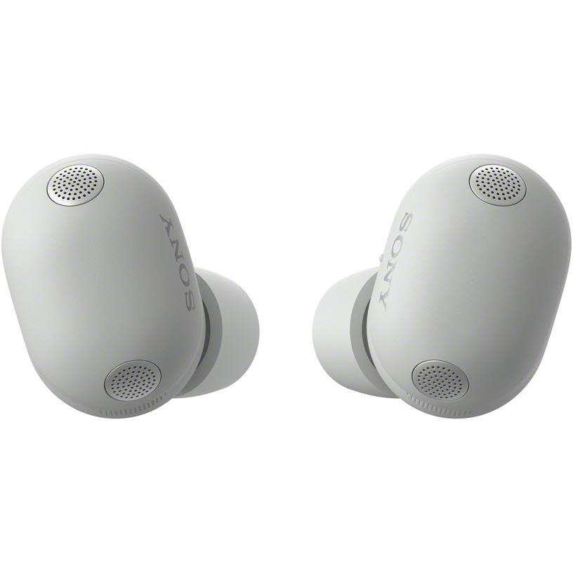 Sony in-ear noise cancelling earbuds, platinum silver, front view with speaker grilles
