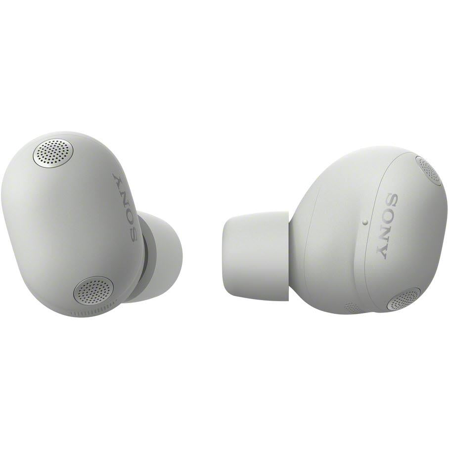 Sony in-ear noise cancelling earbuds, platinum silver, angled view showing control side