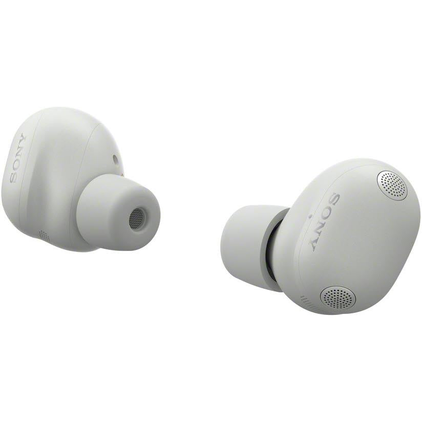 Sony in-ear noise cancelling earbuds in platinum silver, eartip and speaker grille visible