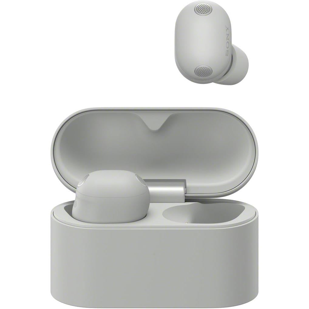 Sony earbuds with charging case open, platinum silver earbuds and case interior