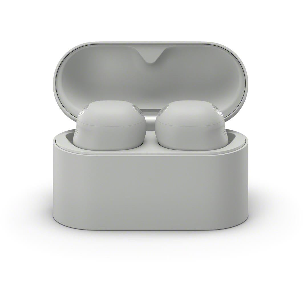 Sony charging case with two platinum silver earbuds seated, case lid open