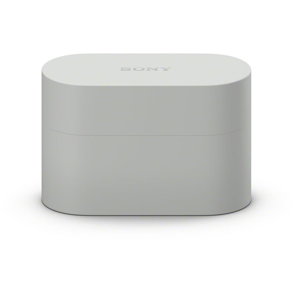 Platinum silver charging case with Sony logo on top