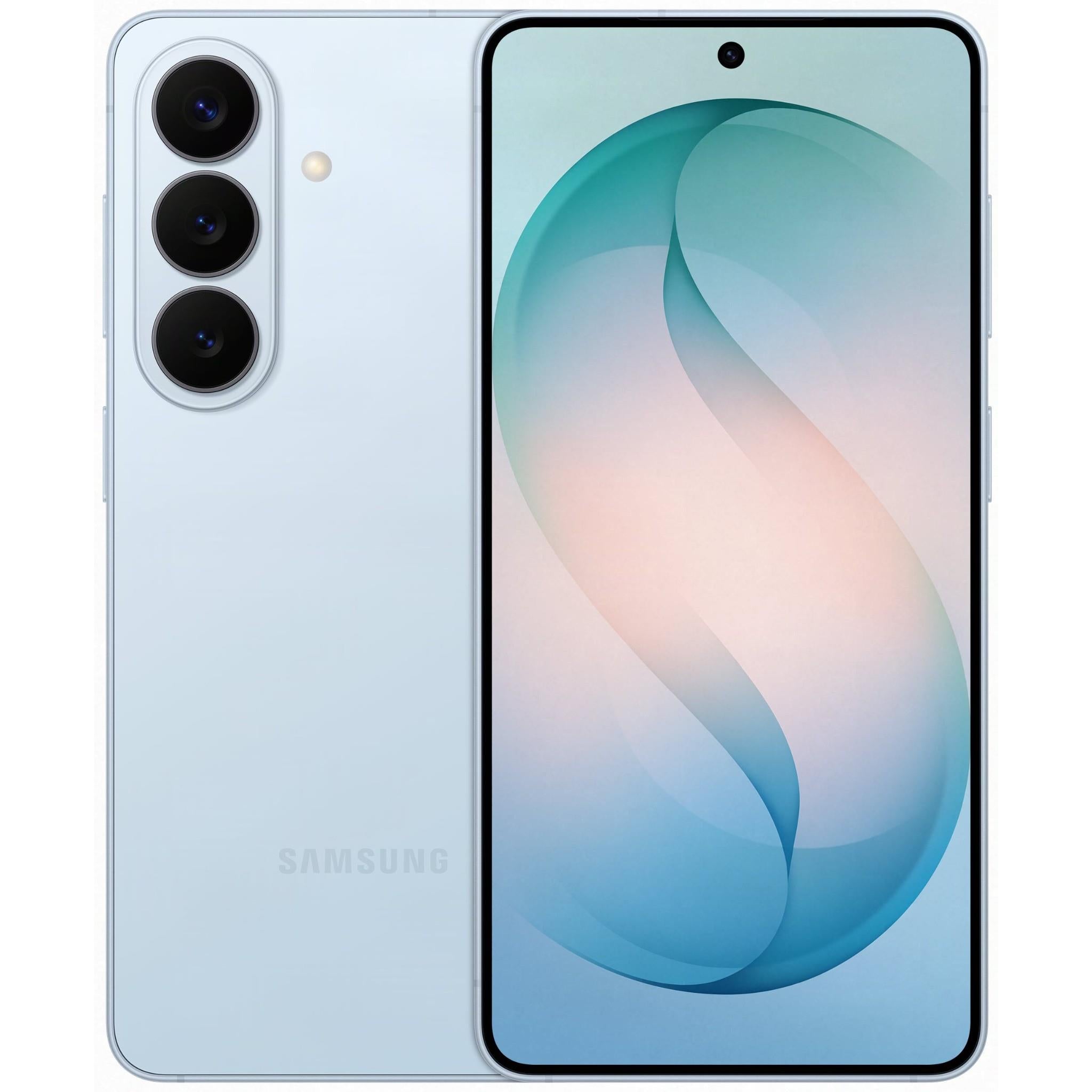 Sky Blue Samsung Galaxy S26 5G dual SIM phone with triple rear cameras, front display