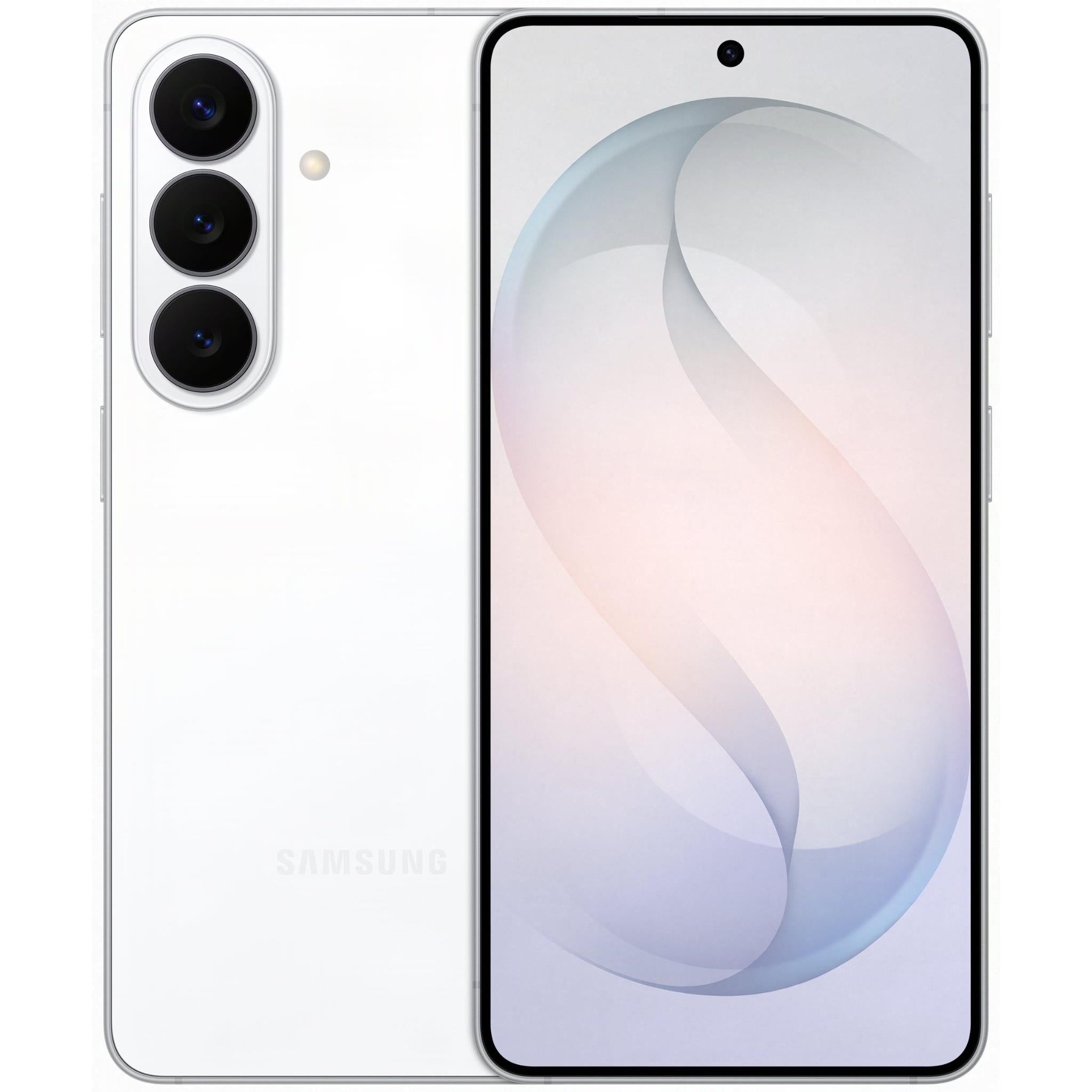 White Samsung Galaxy S26 5G smartphone with triple rear camera array