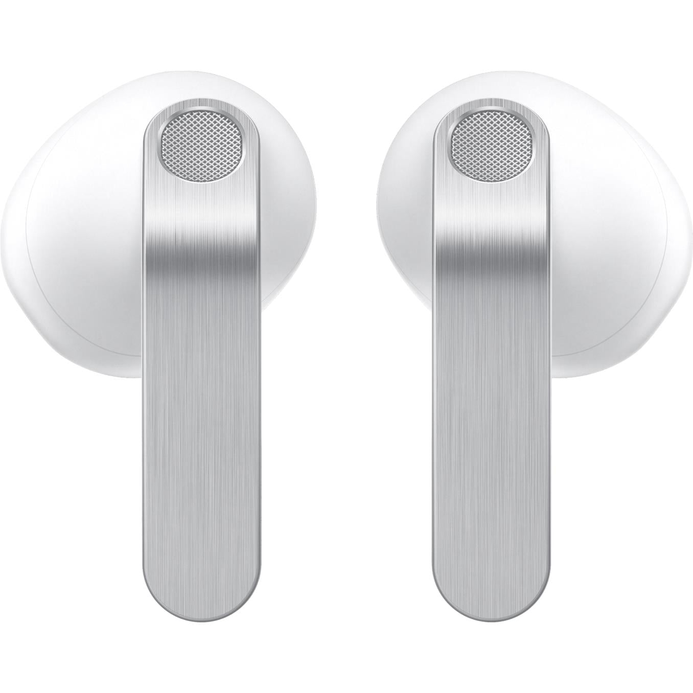 White wireless earbuds with gray speaker grilles and stem design