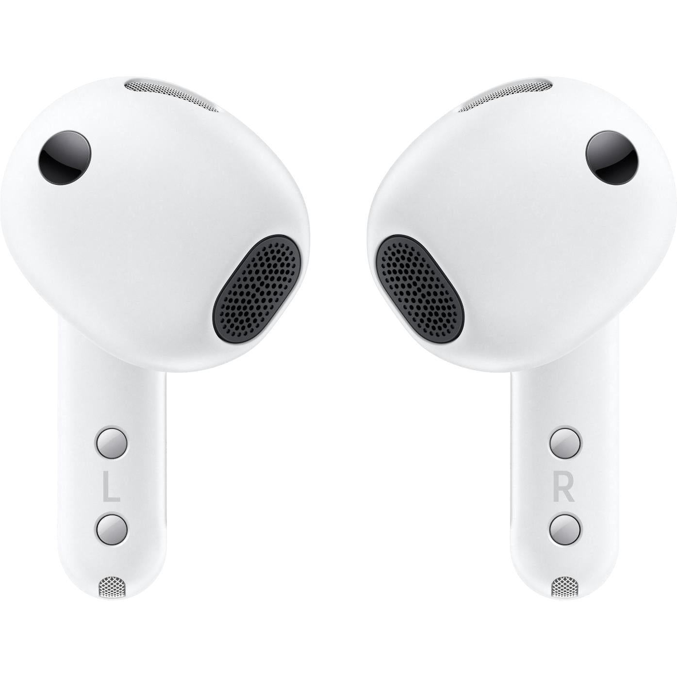 White wireless earbuds, left and right with touch controls and speaker grilles