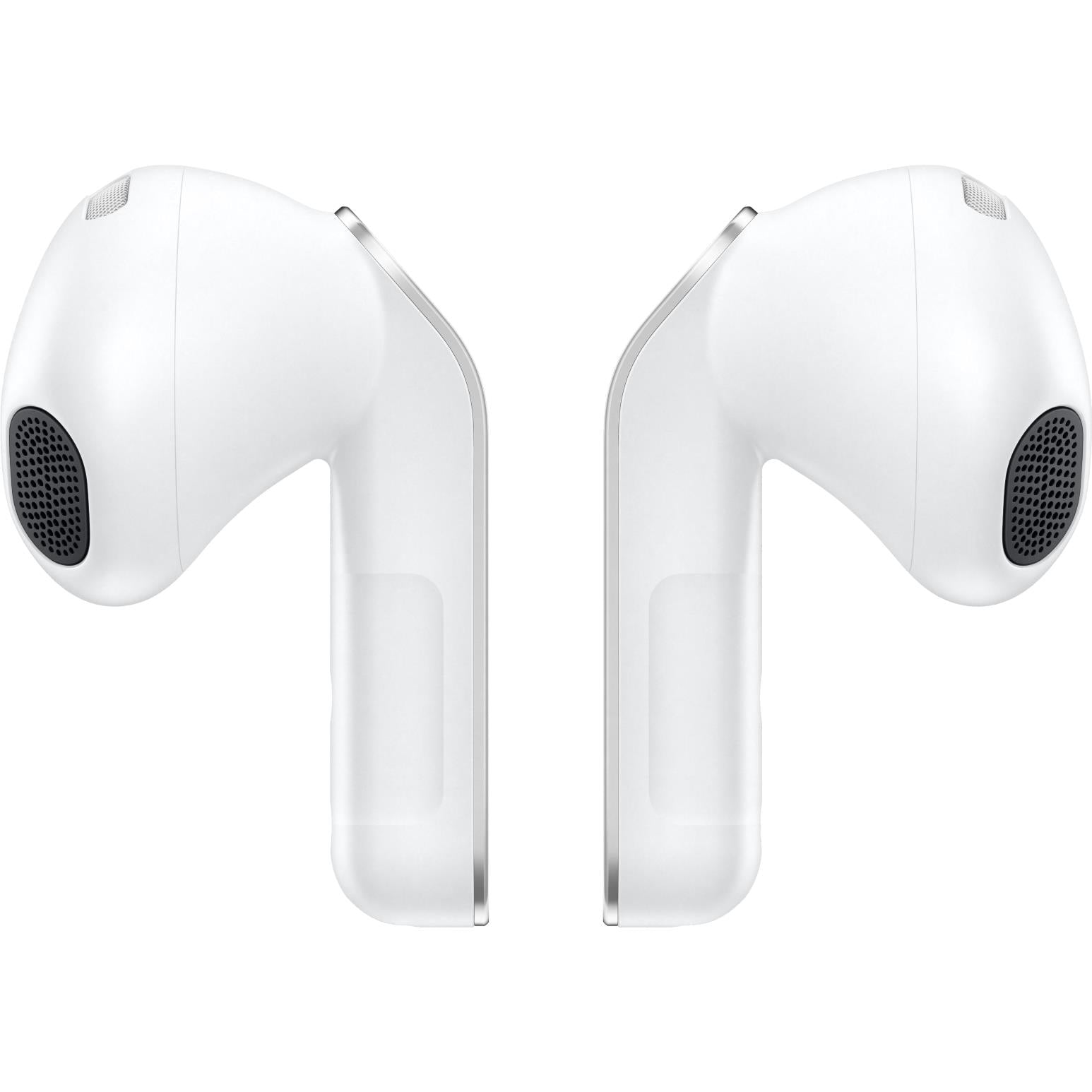 White wireless earbuds side view with vented speaker grille on each bud