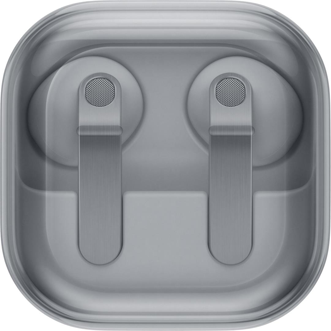 White wireless earbud charging case showing two earbuds in docking slots