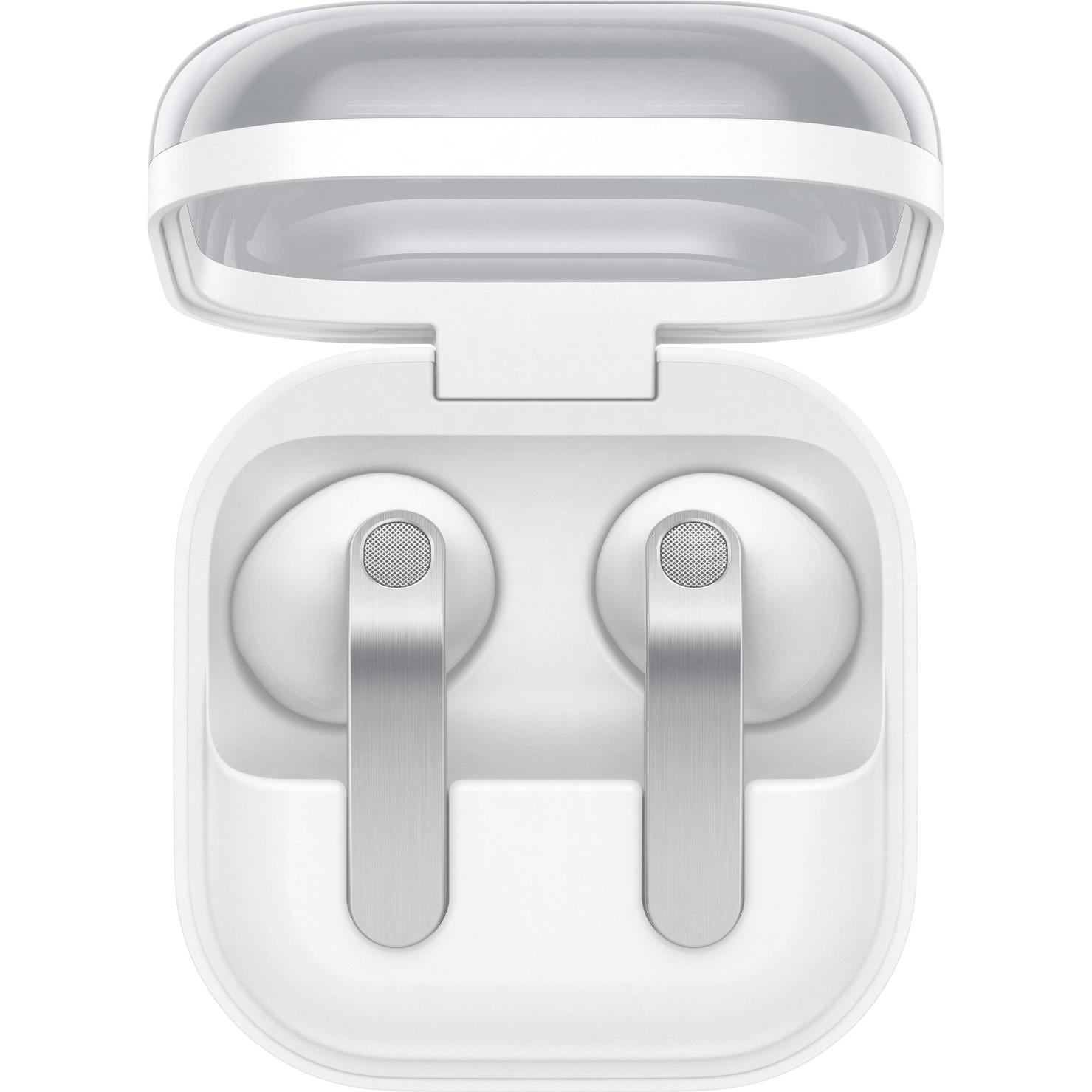 White charging case open with two earbuds and gray metal accents