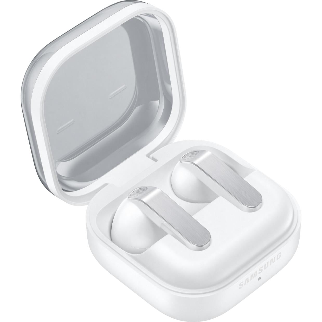 White wireless earbuds in open charging case showing earbuds and contacts