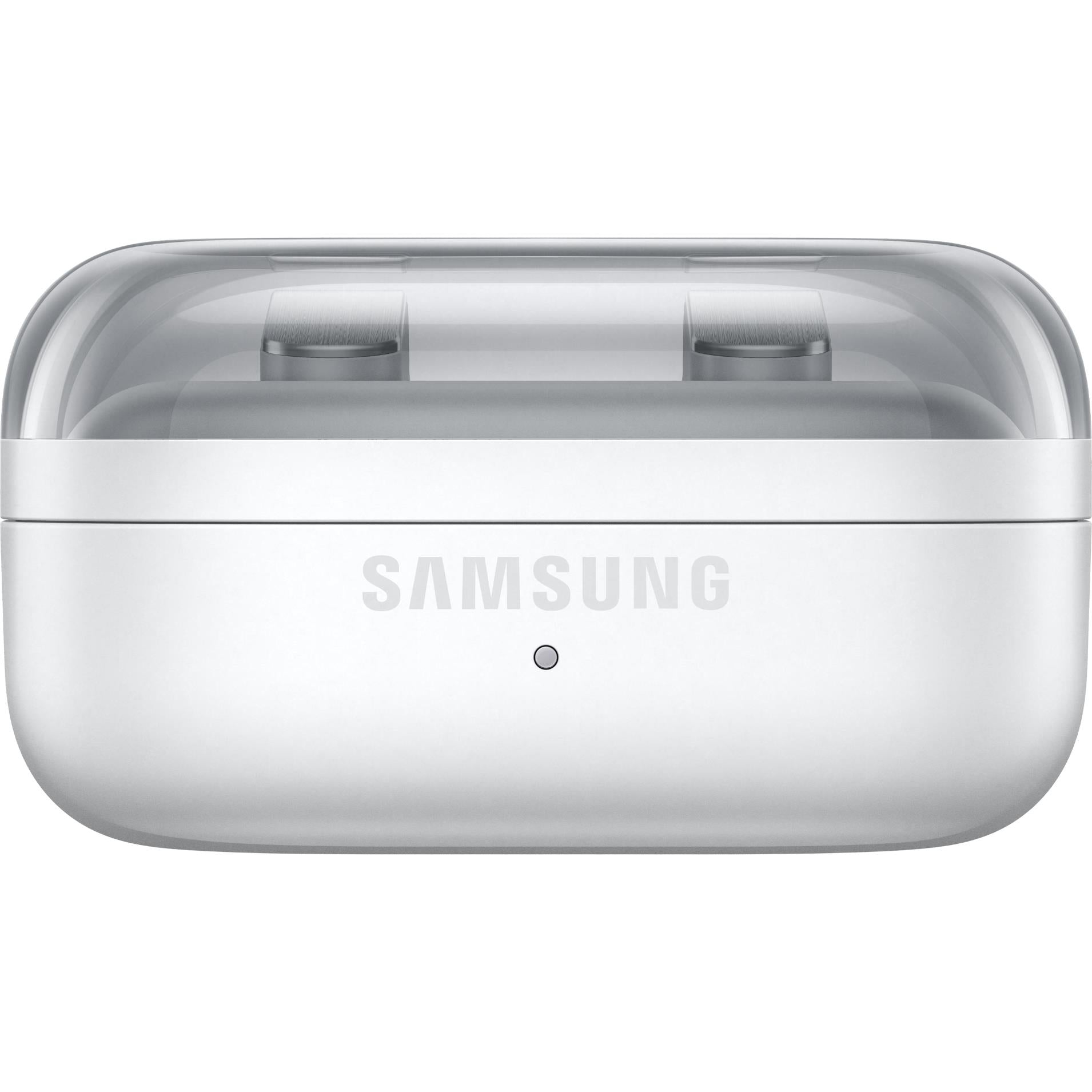 White charging case front with SAMSUNG logo and two charging contact pins