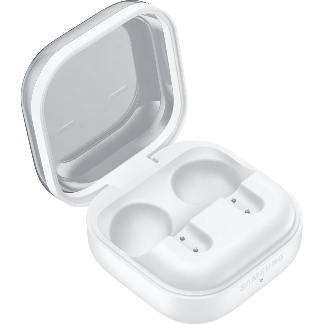 White charging case open with two earbuds docked and charging contacts