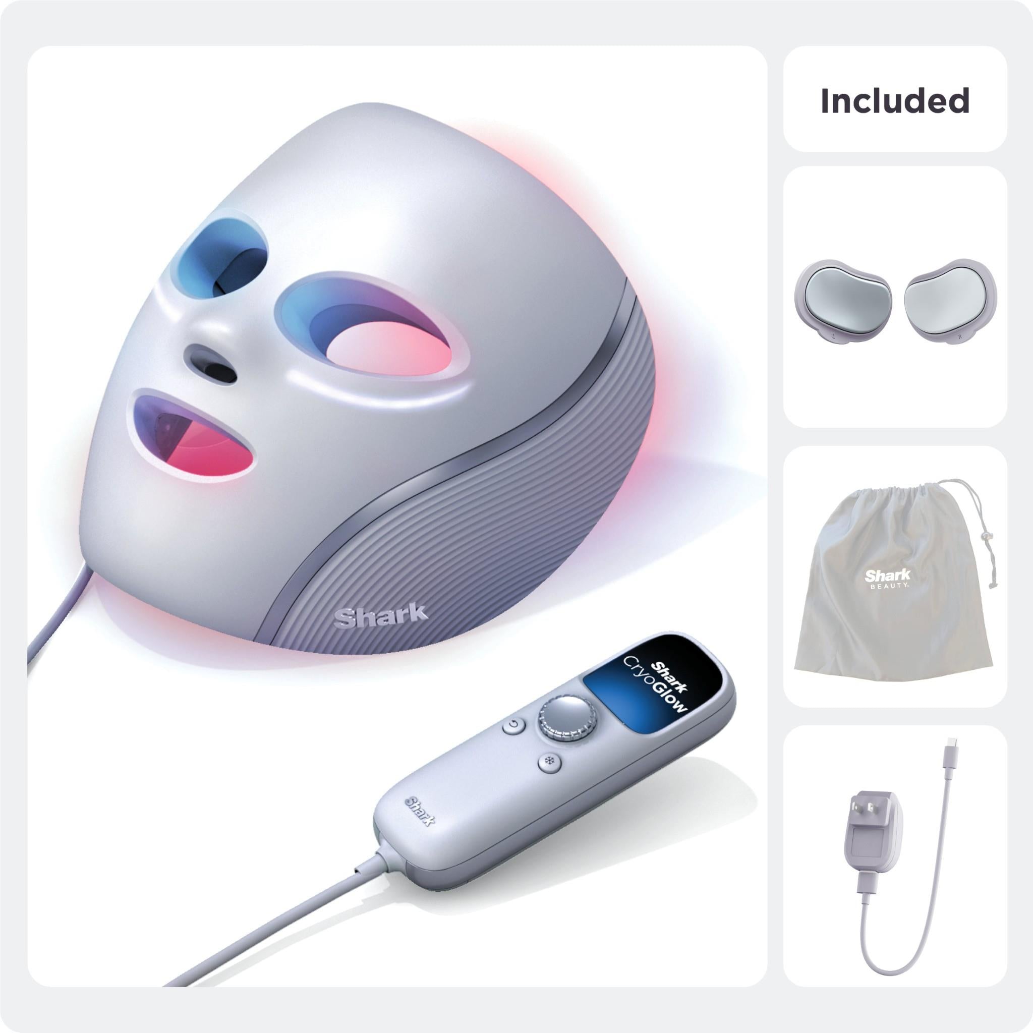 Lilac LED face mask with handheld controller and glowing cooling areas