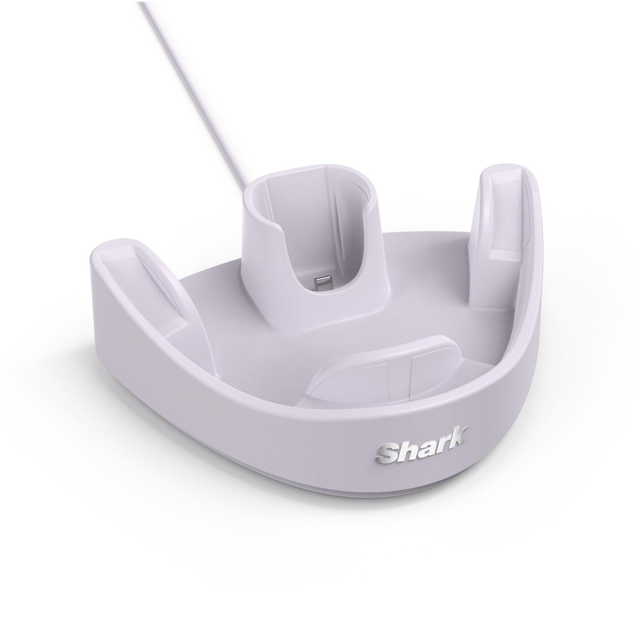 Lilac cooling mask charging stand with cradle base and Shark logo