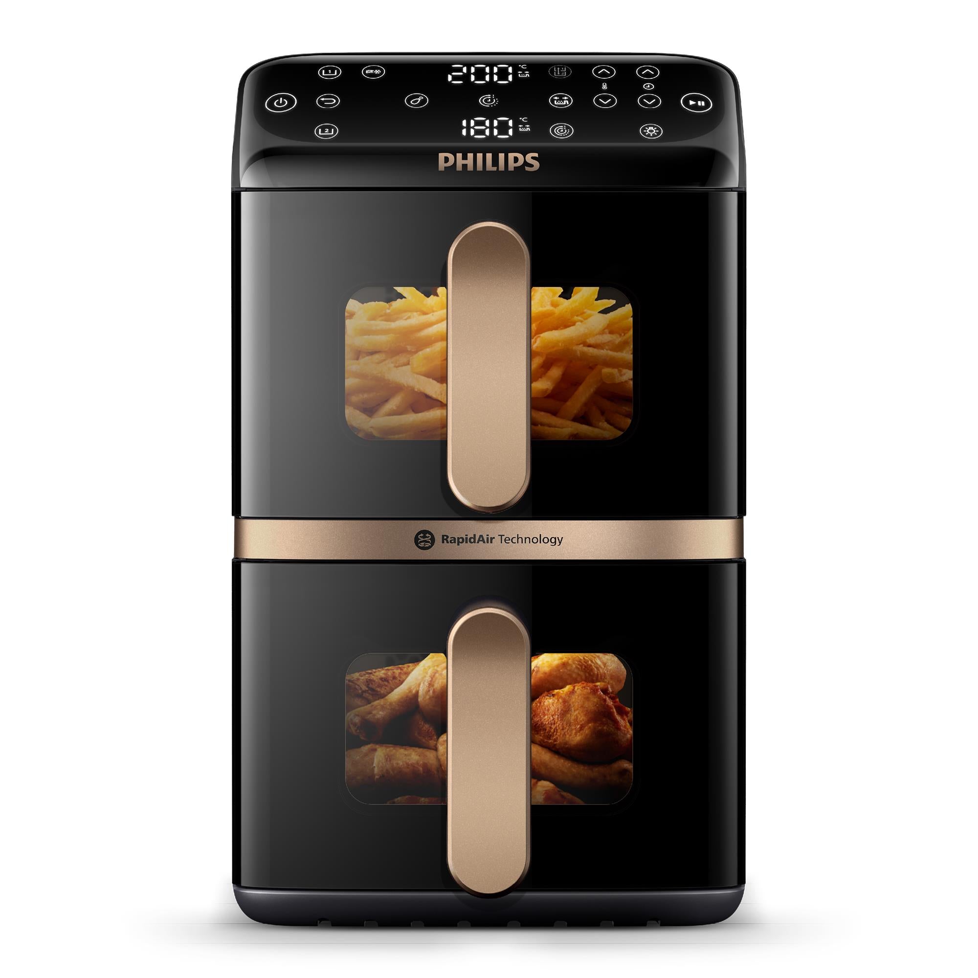 Stacked dual-basket air fryer with dual drawer handles, black and gold accents.
