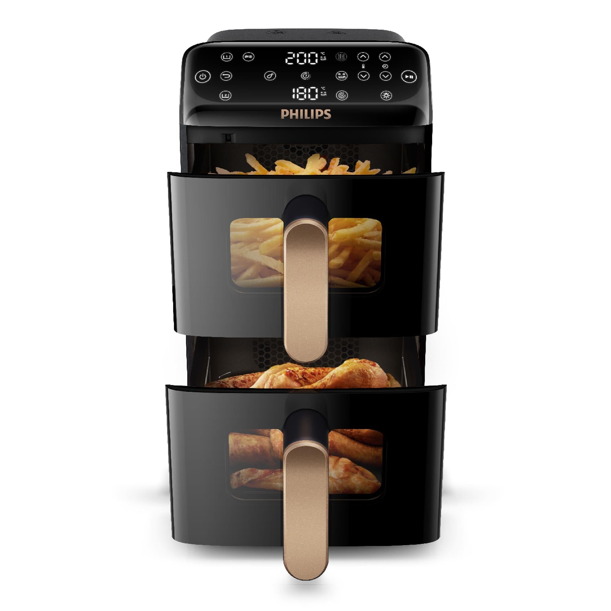 Stacked dual-basket air fryer with upper and lower baskets pulled out, black body.